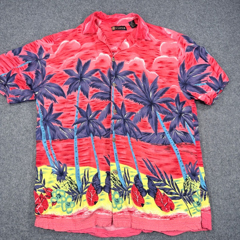 Wingo Mens Large Red Tropical Palm Tree Pineapple Rayon Button Up Hawaiian Shirt